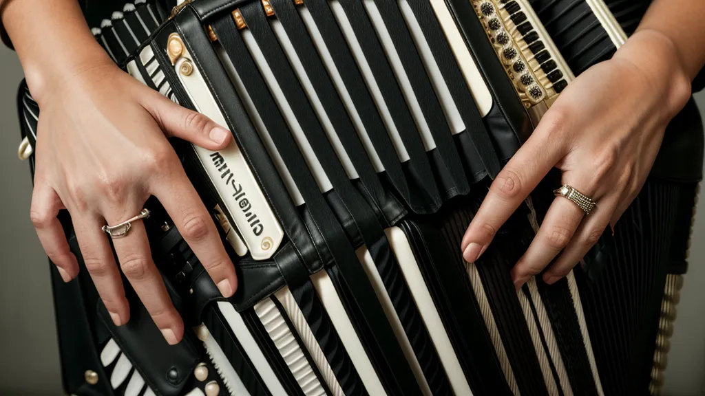 Eine Hand am Bassriemen einer Ziehharmonika, die die Balgführung kontrolliert.