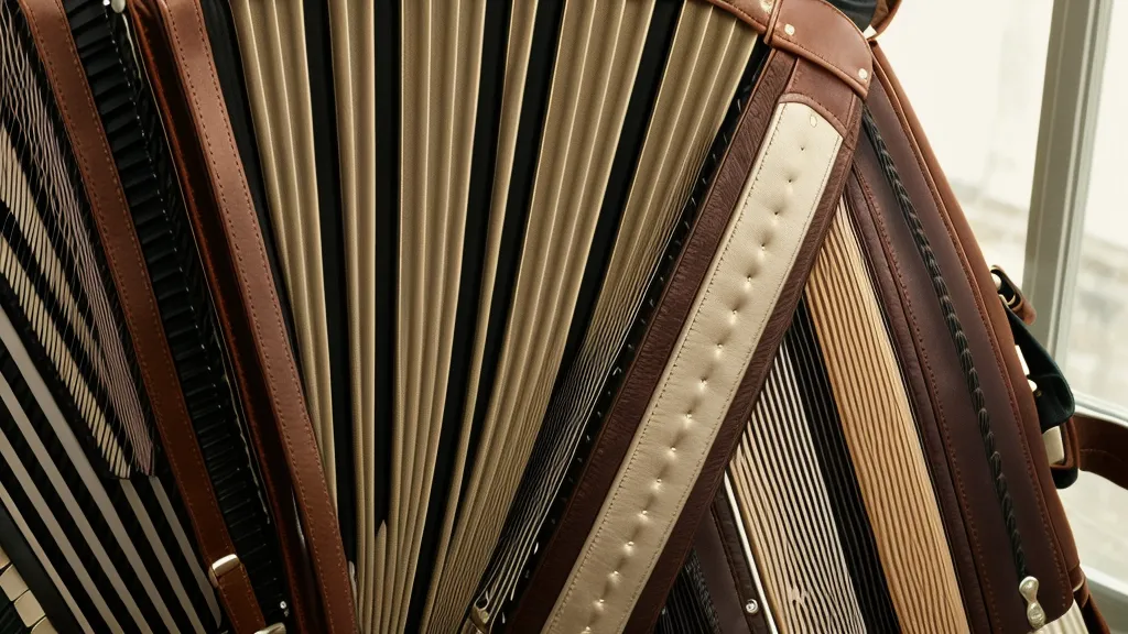 Detailaufnahme der Ledergurte einer alten Ziehharmonika zur Veranschaulichung der richtigen Einstellung.