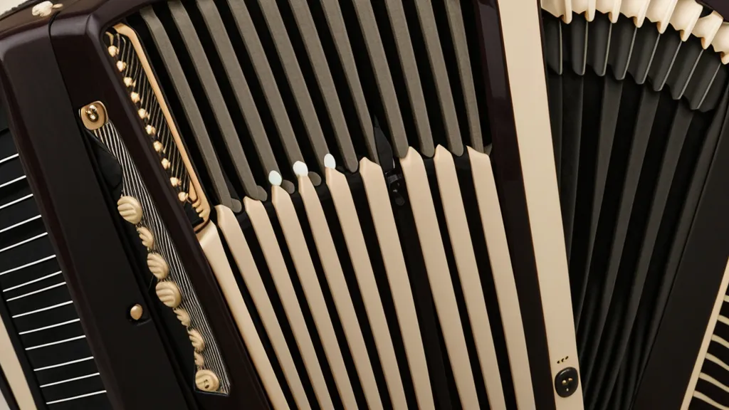 Nahaufnahme der 21 Melodieknöpfe einer Ziehharmonika mit ruhenden Fingern.