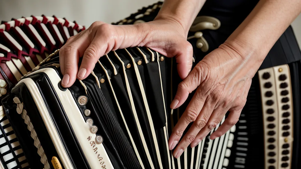 Nahaufnahme einer Hand auf den Knöpfen einer alten Ziehharmonika