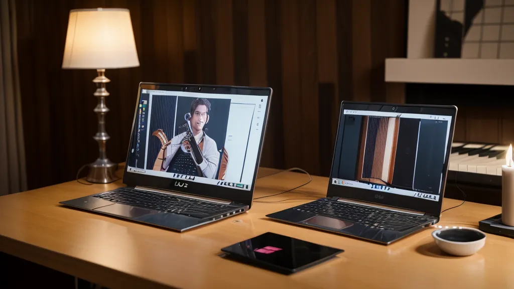 Online-Akkordeon-Kurs auf einem Laptop-Bildschirm in einem gemütlichen Wohnzimmer