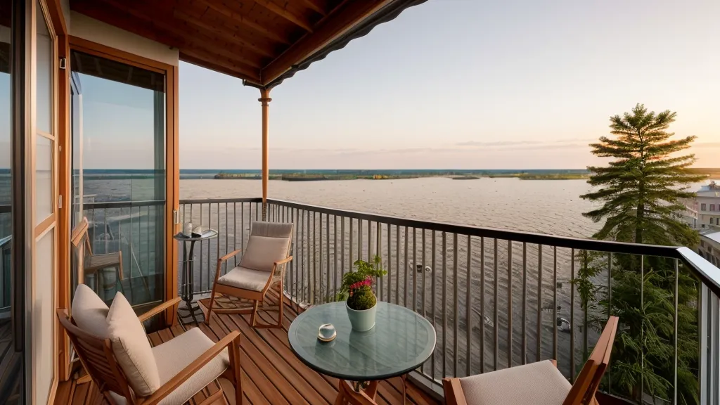 Notizbuch und Kaffee auf einer Terrasse mit Blick Richtung Ostsee