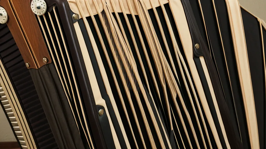 Nahaufnahme der Holzknöpfe einer zweireihigen diatonischen Ziehharmonika.