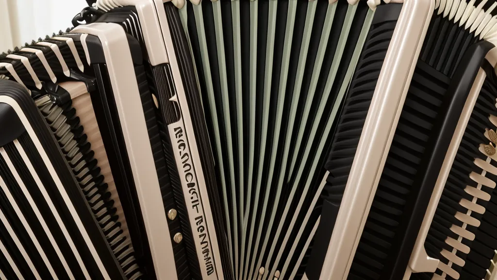 Detailaufnahme des Balgs einer Ziehharmonika, der gerade auseinandergezogen wird.