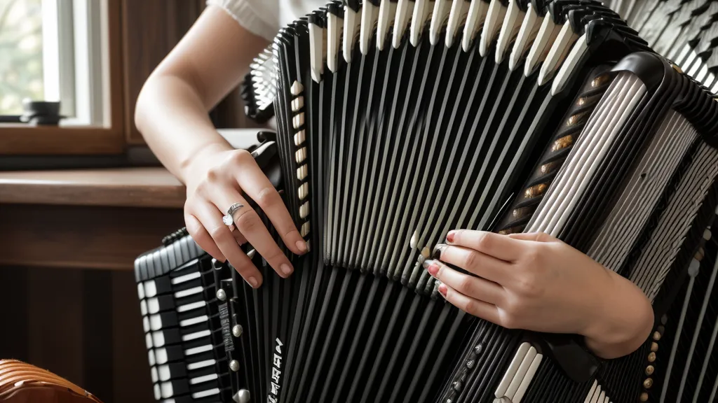Eine Hand ruht auf den Bassknöpfen einer Ziehharmonika in einer gemütlichen Küche.