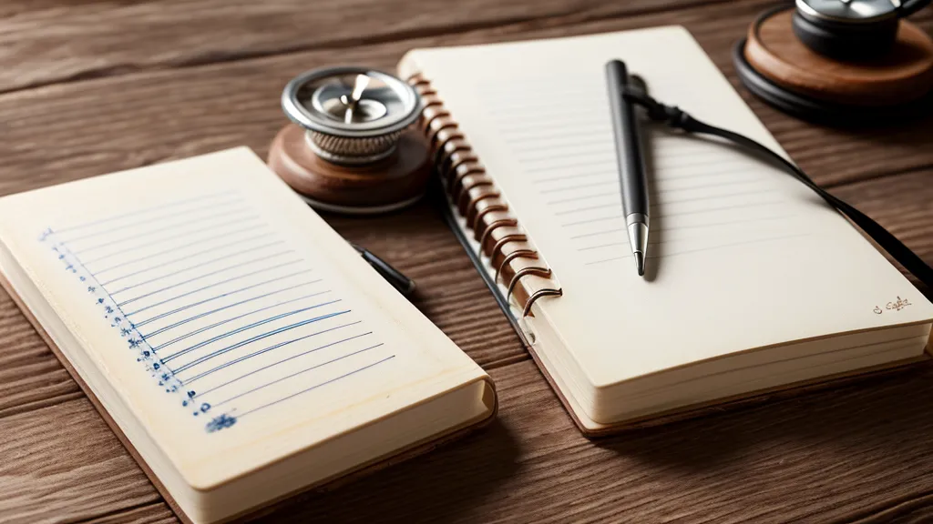 Ein handschriftliches Tagebuch mit Notizen zum Fingersatz neben einem verschwommenen Stethoskop.