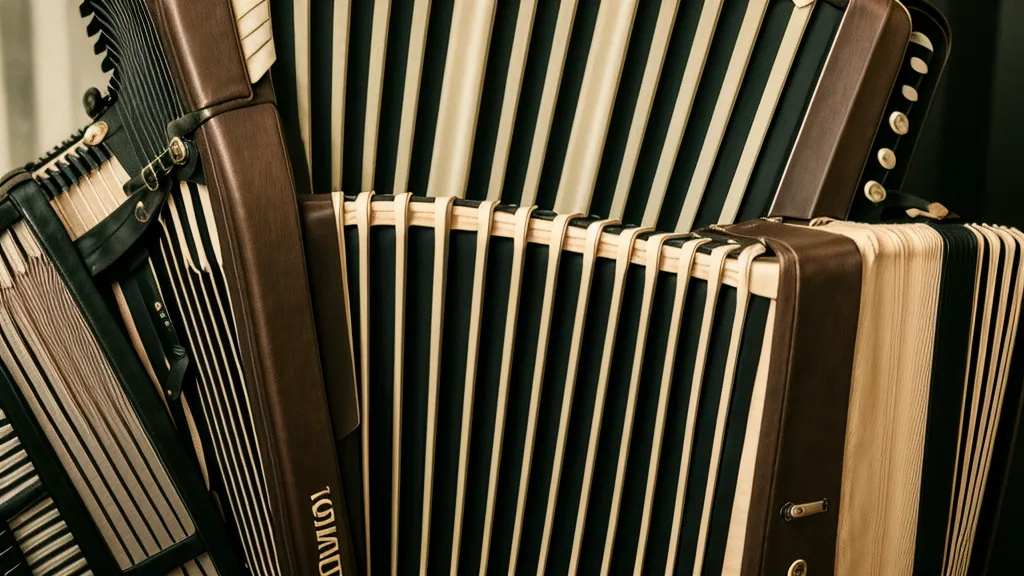 Detailansicht des Balgs einer alten Ziehharmonika aus Leder und Karton